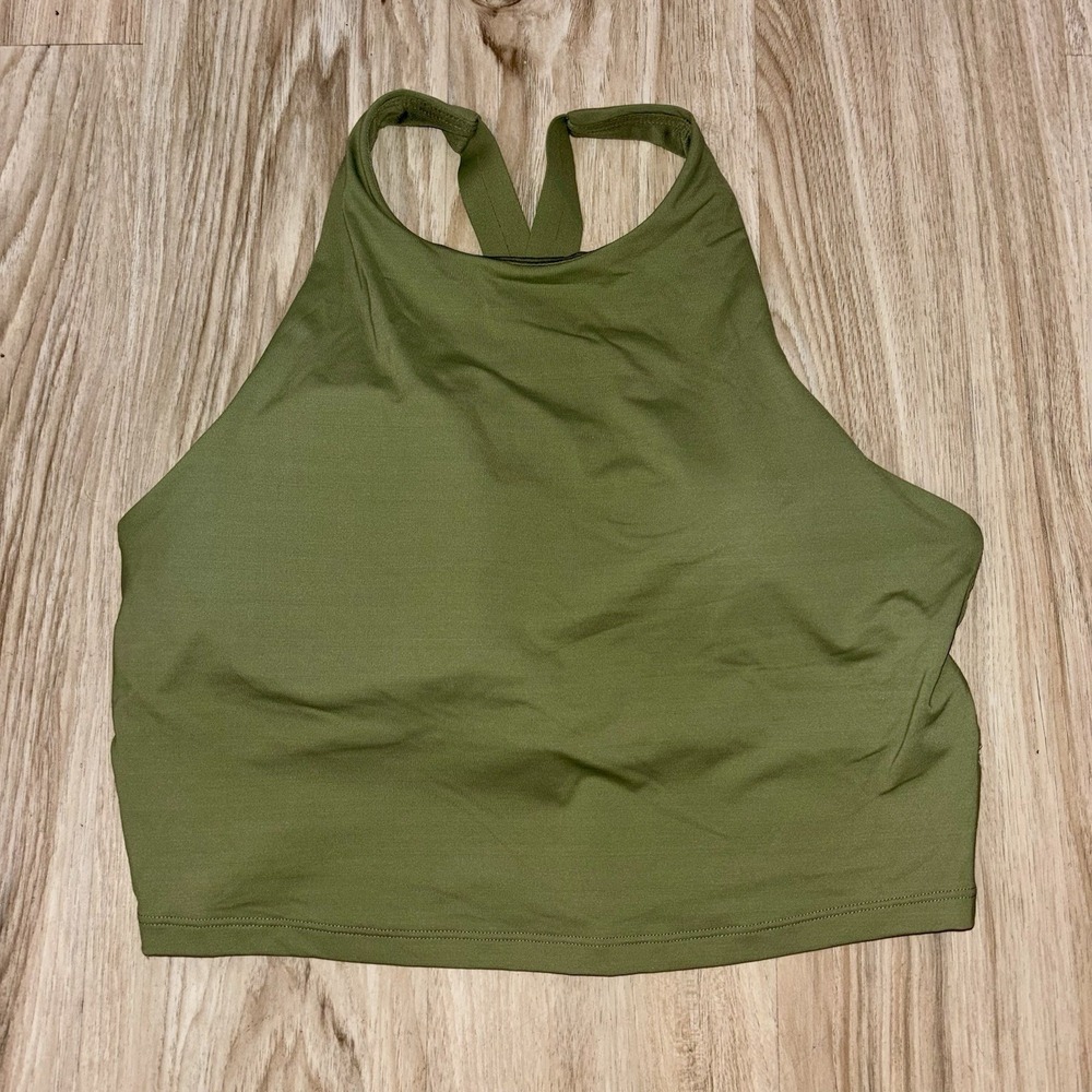 Athleta Conscious Crop Bikini Top High Neck Olive Green Swim Top L